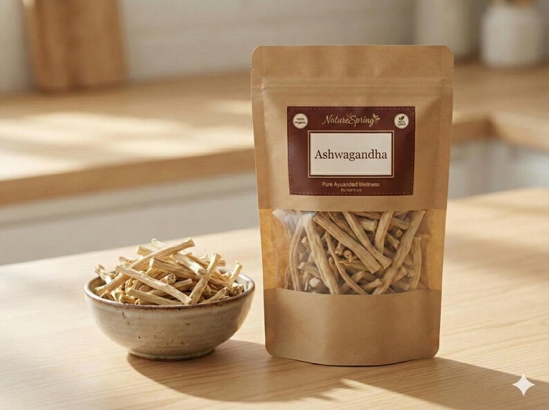 May include: A package of Ashwagandha, a traditional Ayurvedic herb, with a clear window showing the contents. A small ceramic bowl holds a portion of the dried root. The package has the text "Nature Spring" and "Ashwagandha".