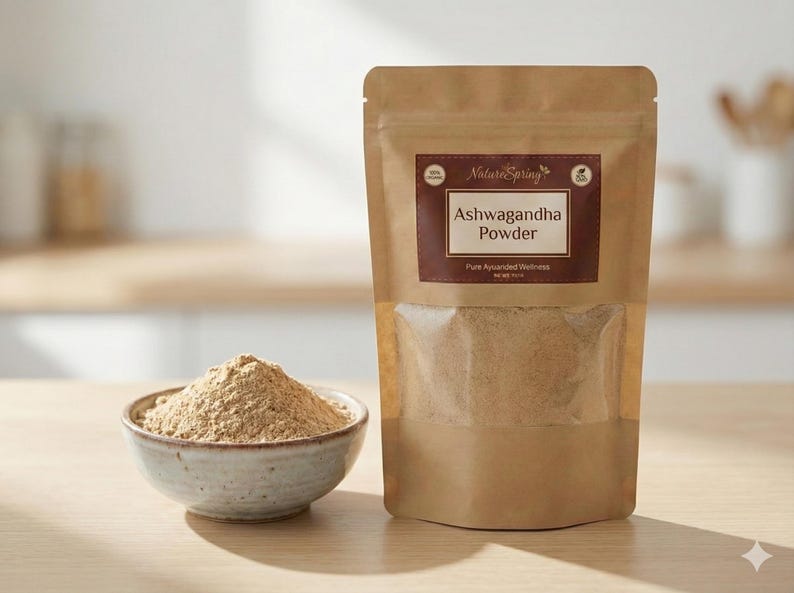 Op de afbeelding: Een bruine papieren zak met Ashwagandha-poeder met een doorzichtig venster en een kleine keramische kom gevuld met het poeder. De zak heeft een bruin etiket met de tekst "Ashwagandha Powder" en "Pure Ayurvdeda Wellness".