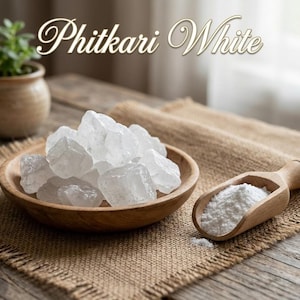 May include: A wooden bowl filled with large, clear, crystalline chunks of Phitkari White, alongside a wooden scoop of white powder. The image is set on a rustic, textured surface, with a small potted plant in the background.