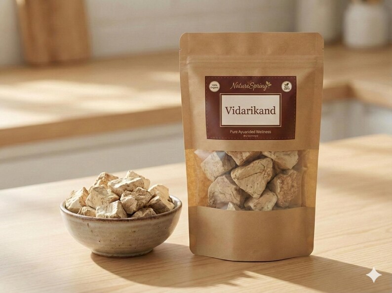 May include: A brown paper bag and a small ceramic bowl on a wooden surface. The bag has a clear window showing beige, irregularly shaped pieces. The bowl contains similar pieces. The bag's label reads "Vidarikand".