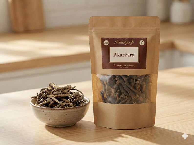 May include: A brown paper bag of Akarakara, a pure Ayurvedic wellness product, with a clear window showing the contents. A small ceramic bowl holds a pile of the same root-like product. The label reads "Nature Spring".