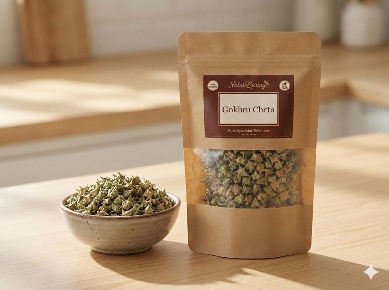 May include: A brown paper bag and a small ceramic bowl on a wooden surface. The bag has a clear window showing a quantity of green, spiky Gokru Chota. The bowl contains a similar quantity of the same product. The bag has a label that reads "Gokhru Chota".