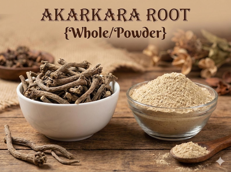 May include: The image displays Akarakara Root, both whole and powdered. The whole root is in a white bowl, while the powder is in a clear glass bowl. The text "AKARKARA ROOT {Whole/Powder}" is at the top of the image.