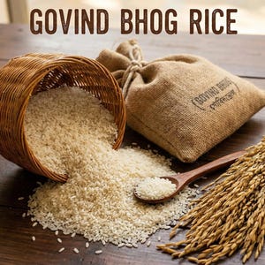 May include: A still-life image featuring Govind Bhog rice. A woven basket spills rice onto a wooden surface, alongside a burlap sack, a wooden spoon, and a bundle of wheat. The text "GOVIND BHOG RICE" is at the top.