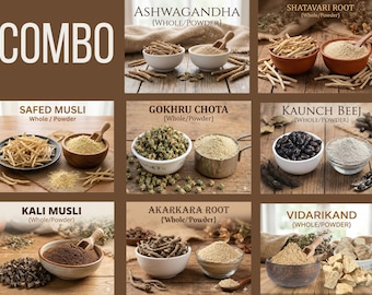 8-Herb Ayurvedic Combo • Ashwagandha, Shatavari, Gokhru, Safed Kusli, Kali Musli, Kaunch Beej, Vidarikand, Akarkara • Natural Vitality Kit