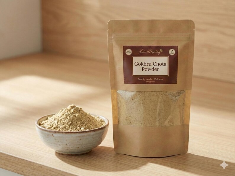 May include: A package of Gokhru Chota Powder and a small bowl of powder sit on a wooden surface. The package is brown with a label that reads "Gokhru Chota Powder" and "Pure Ayurved Wellness". The bowl is light-colored and filled with a beige powder.