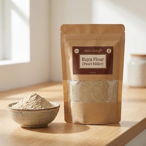 May include: A brown paper bag of Bajra Flour (Pearl Millet) with a clear window, and a small bowl of the flour. The label on the bag reads 'Nature's Spring'. The background is a light-coloured wooden surface. The image is well-lit.