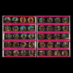 Set of 10 magic lantern slides, red trim, Possibly Ernst Plank? in colour, early 1900&#39;s