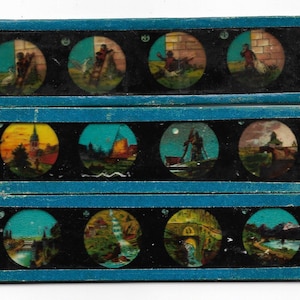 Ensemble de 3 diapositives de lanterne magique, scènes rondes en couleur, bordure bleue, début des années 1900