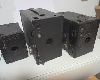 3 x Vintage Kodak box cameras, black, not working
