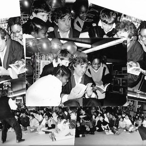 May include: A black and white photo collage of a man reading to children. The man is surrounded by children of different ages and races. The children are all listening intently to the man as he reads. There are balloons in the background.