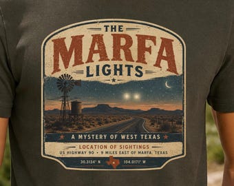 Marfa Lights Shirt, West Texas Mystery Tee, Desert Lights T-Shirt, Marfa Texas Graphic Shirt, Paranormal Travel Tee, UFO Mystery Gift