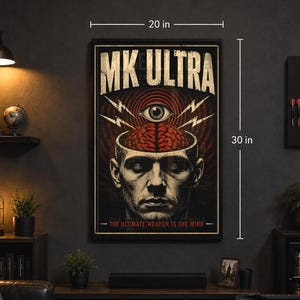 May include: A rectangular framed wall poster measuring 20 inches by 30 inches. The artwork features the text MK ULTRA at the top, a central human head with an exposed brain, a single eye above it, lightning bolts, and the text THE ULTIMATE WEAPON IS THE MIND.