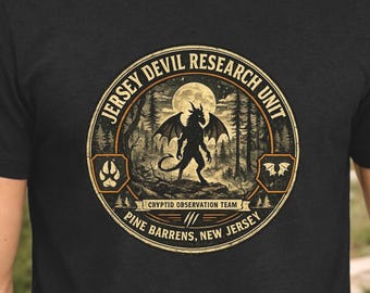Jersey Devil Shirt, Pine Barrens New Jersey Cryptid Research Unit Tee, Vintage Badge Horror Graphic, Devil Creature Folklore Shirt