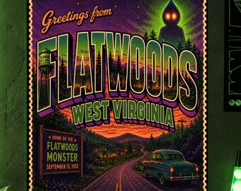 Flatwoods Monster Poster, Greetings From Flatwoods West Virginia Art Print, Cryptid Wall Decor, Retro Travel Poster Decore
