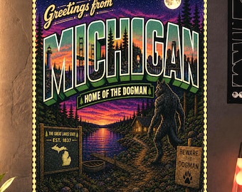 Michigan Dogman Poster, Greetings From Michigan Print, Cryptid Wall Decor, Retro Travel Poster, Dogman Folklore Design