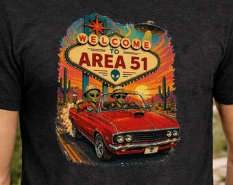Area 51 Shirt, Alien Road Trip Tee, UFO Desert Graphic T Shirt, Retro Vegas Style Alien Shirt, Sci Fi Humor Tee, Conspiracy Gift