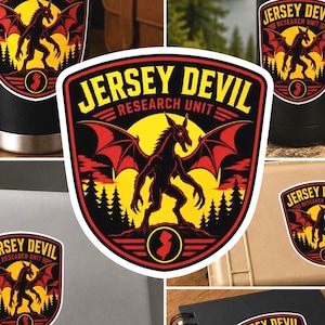 Jersey Devil Research Unit Sticker, Jersey Devil Decal, New Jersey Cryptid Badge, Pine Barrens Monster, Cryptozoology Gift, Devil Patch