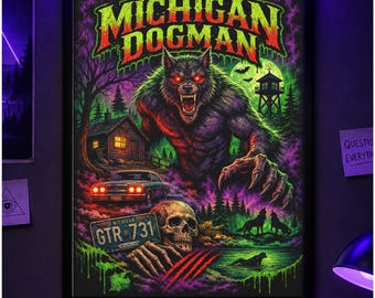Michigan Dogman Poster, Retro Horror Cryptid Art Print, Neon Werewolf Wall Decor, Michigan Monster Artwork, Paranormal Horror Poster