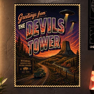 May include: A rectangular poster with a perforated stamp edge featuring a sunset landscape of Devils Tower in Wyoming. The text reads Greetings from THE DEVILS TOWER and WYOMING AMERICA'S FIRST NATIONAL MONUMENT EST. 1906. A truck drives on a road with UFOs above.