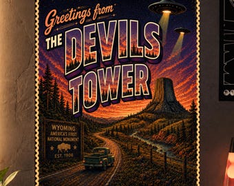 Devils Tower Poster, Greetings From Devils Tower Art Print, Wyoming UFO Wall Decor, Retro Travel Poster, Weird Americana Art Man Cave Decor