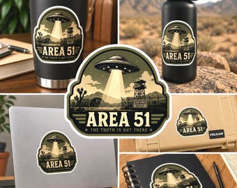 Area 51 Sticker, UFO Vinyl Decal, Alien Base Sticker, Nevada Desert UFO Art, Conspiracy Sticker, Retro Sci Fi Decal, Weird Americana