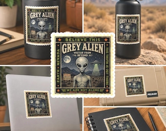 Grey Alien Sticker, UFO Vinyl Decal, Area 51 Alien Sticker, Extraterrestrial Art, Alien Believer Sticker, Conspiracy Decal, Weird Americana