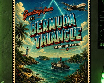 Bermuda Triangle Poster, Greetings From the Bermuda Triangle Art Print, Vintage Mystery Travel Poster, Ocean Conspiracy Decor