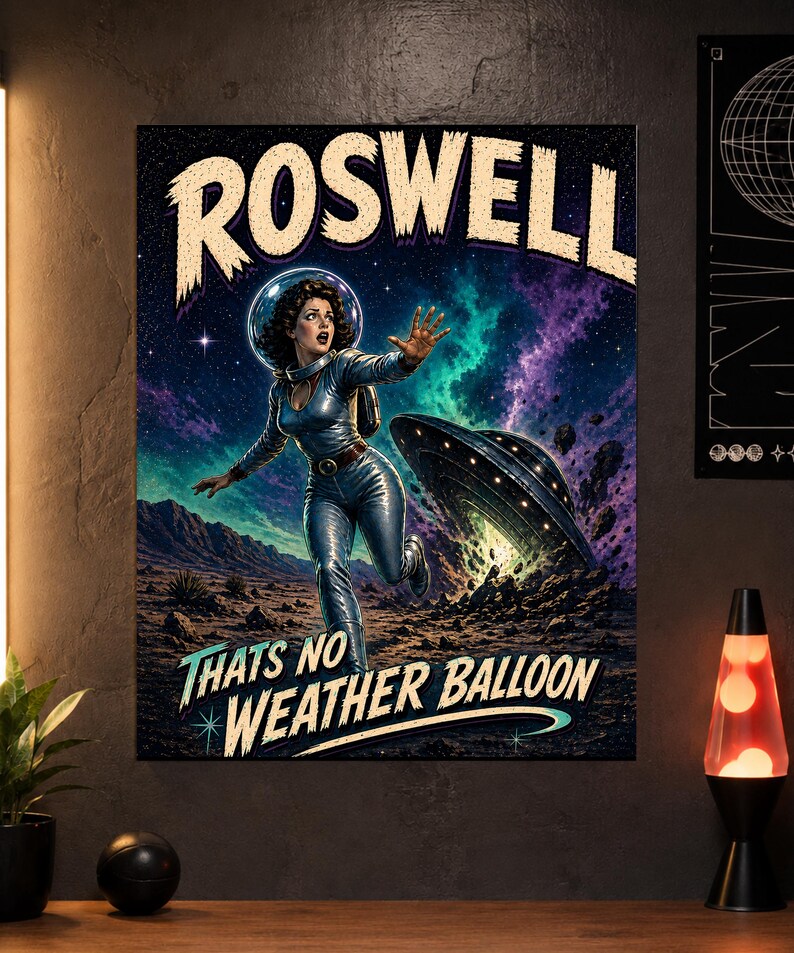 Roswell Poster, Vintage UFO Art Print, Retro Alien Crash Wall Decor ...