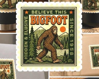 Bigfoot Sticker, Sasquatch Vinyl Decal, Believe Bigfoot Sticker, Cryptid Sticker, Retro Forest Art, Bigfoot Gift, Weird Americana