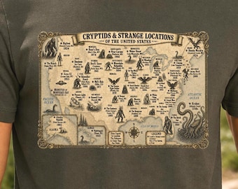 Cryptid Map Shirt, Vintage USA Cryptid Map Tee, Bigfoot Mothman Jersey Devil Shirt, Paranormal Map Graphic, American Folklore T-Shirt