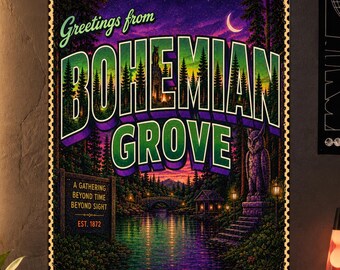 Bohemian Grove Poster, Greetings From Bohemian Grove Art Print, Secret Society Wall Decor, Weird Americana Travel Poster