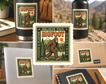 Bigfoot Sticker, Sasquatch Vinyl Decal, Believe Bigfoot Sticker, Cryptid Sticker, Retro Forest Art, Bigfoot Gift, Weird Americana