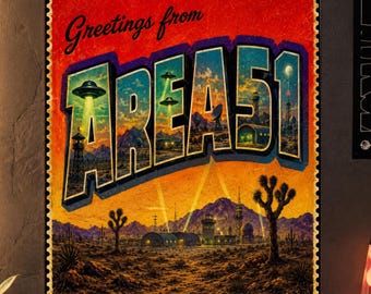 Greetings From Area 51 Poster, Postcard Style Retro UFO Wall Decor, Nevada Desert Conspiracy Poster, Weird Americana Artwork