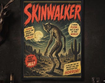 Skinwalker Poster, Retro Horror Cryptid Art Print, Navajo Folklore Wall Decor, Vintage Monster Movie Poster, Desert Horror Art
