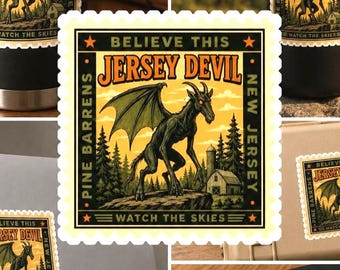 Jersey Devil Sticker, Pine Barrens Cryptid Vinyl Decal, New Jersey Devil Sticker, Stamp Style Design, Weird Americana Gift, Folklore Sticker