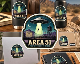 Area 51 Sticker, Alien Abduction Vinyl Decal, UFO Sticker, Area 51 Alien Art, Conspiracy Sticker, Retro Sci Fi Decal, Weird Americana