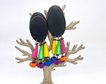 1980s Les Bernard Acrylic Drop Earrings Clip on Abstract Rainbow