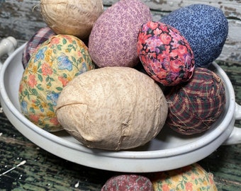 Vintage Calico Feedsack or Quilt Fabric covered Easter Eggs Set of 8 repurposed craft