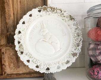 Easter Greetings Plate Embossed Milk Glass Vintage Easter Bunny