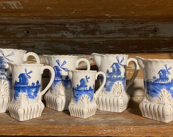 Set of 6 Blue Ironstone Pitchers w Delft or Holland Scene Antique early 1900s