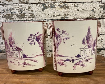 Purple Lustre Pair oval vases Countryside Scene Made in USA Mark