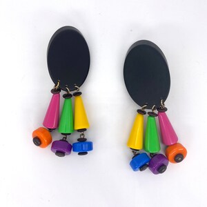 1980s Les Bernard Acrylic Drop Earrings Clip on Abstract Rainbow image 3