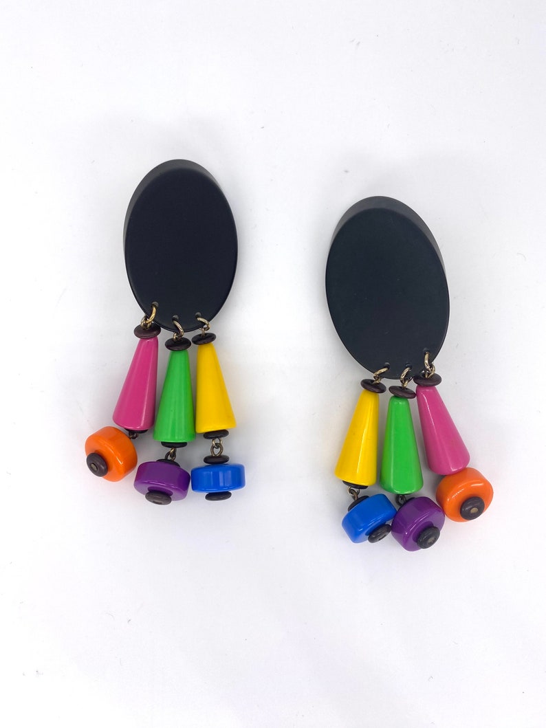 1980s Les Bernard Acrylic Drop Earrings Clip on Abstract Rainbow image 3