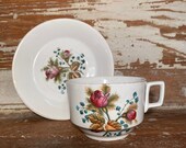 White Ironstone Cup Saucer Moss Rose pattern transferware antique Farmhouse Decor