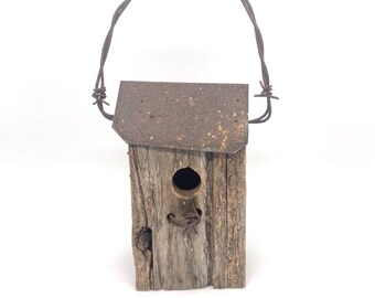 Birdhouse w Rustic Barn Wood, Tin Roof, Barbed Wire Hanger Garden Decor Small Birds