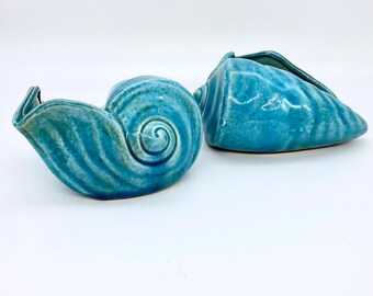 Turquoise Sea Shell Pottery Planters pair coastal beach house decor