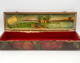 1908 Christmas Flemish Art Box w Hand Painted Scene inside Pyrography