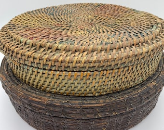 Antique Round Sewing Baskets Pair w Lids w wear