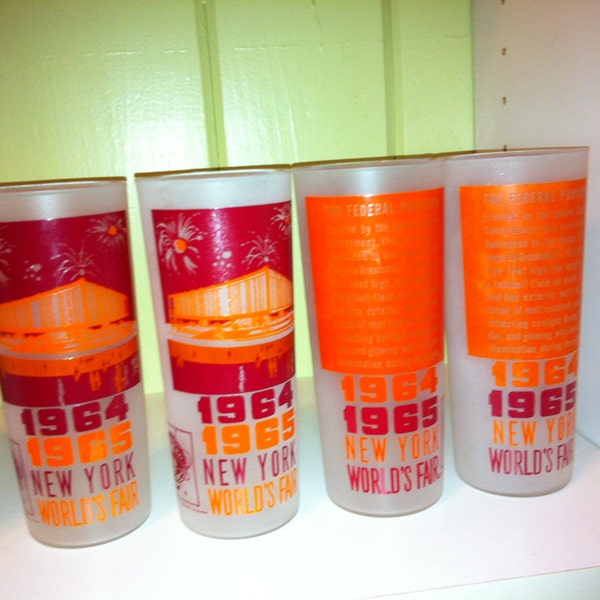 1964 65 New York Worlds Fair Tall Drinking Glasses Orange Maroon Anchor Hocking